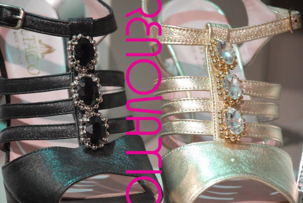 IL TACCO 'made in Italy' is captivated by the influx of metallic colors for lighting cocktail evenings and party nights with this golden skinned jewel sandal with tri-brooch at the instep made of Swarovski gemstones. Available in several metallized colors.