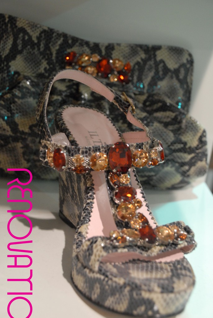 IL TACCO ‘made in Italy’. Animal-printed undercut jewel-sandal with rest-platform covered with Swarovski crystals.