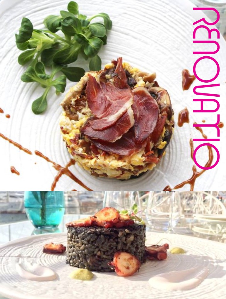 OneOcean Port Vell OneOcean Club Restaurant Suculentos platos:  Huevos revueltos con setas de temporada y jamón de bellota.  Arroz negro con pulpo a la brasa y picada de anacardos y salvia fresca.